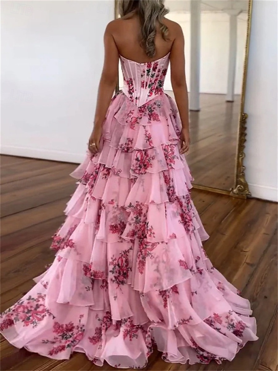 Robe de quinceanera en A robe de corset robe de mariage robe d'invitée longueur de sol sans manches sans bretelles tulle sans dos avec imprimé floral de 2025 ? $189.99 –P5