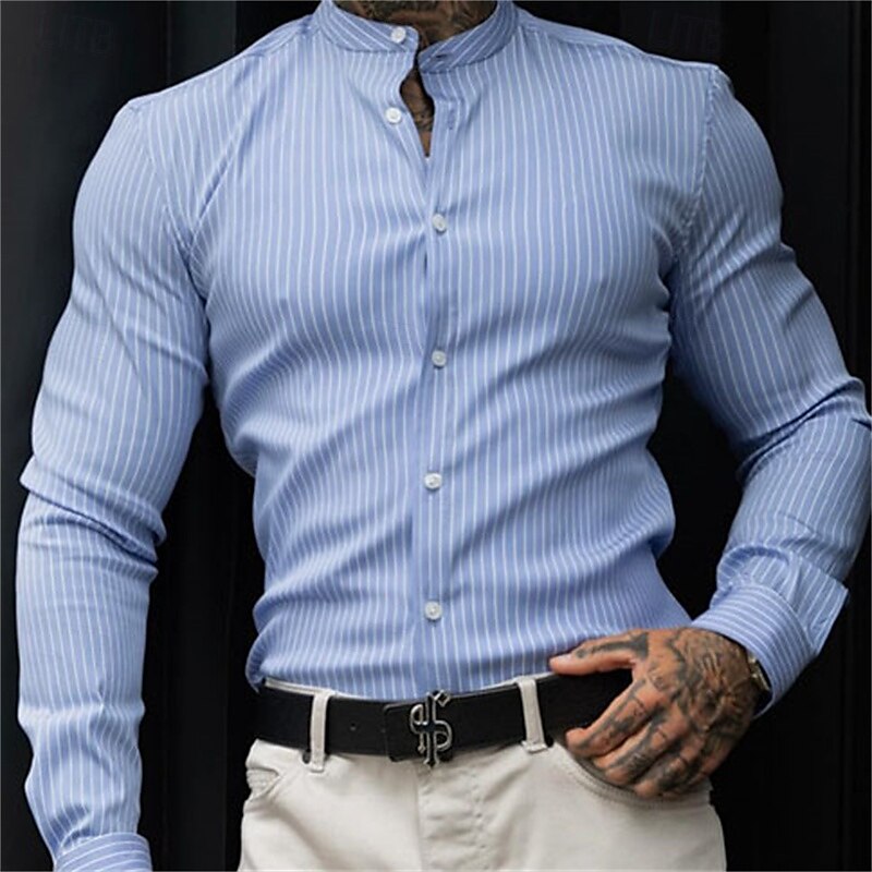 Men's Casual Shirt Beach Shirt Button Up Shirt Deep Blue Light Blue Long Sleeve Stripes Grandad Collar Lapel Vacation Hawaiian Button-Down Clothing Apparel Polyester Fashion Casual Comfortable 2025 - $36.99 –P2