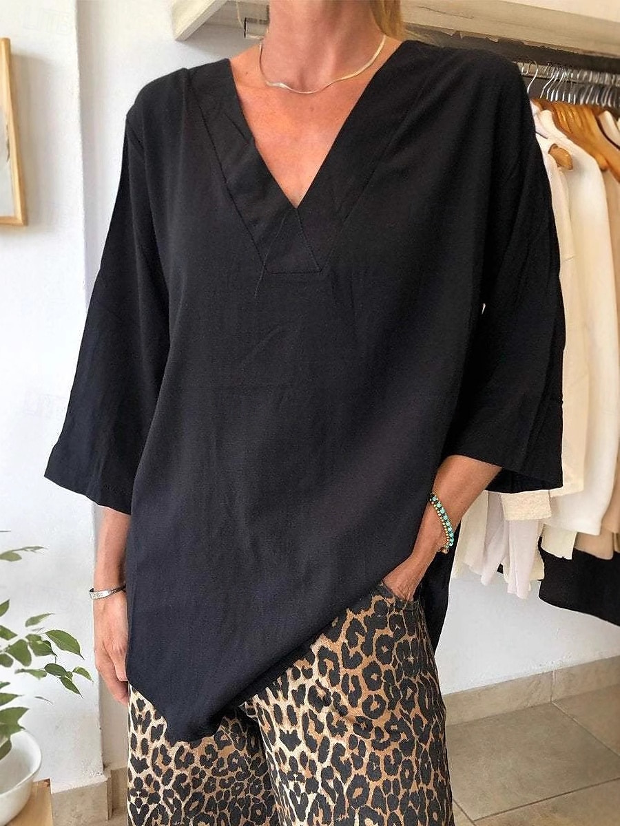 camicetta da donna in cotone e lino, tinta unita, elegante, casual, manica a 3/4, scollo a V, top normali, per tutti i giorni, per le vacanze, nera, bianca, beige, estate, primavera del 2025 a $25.99 –P3