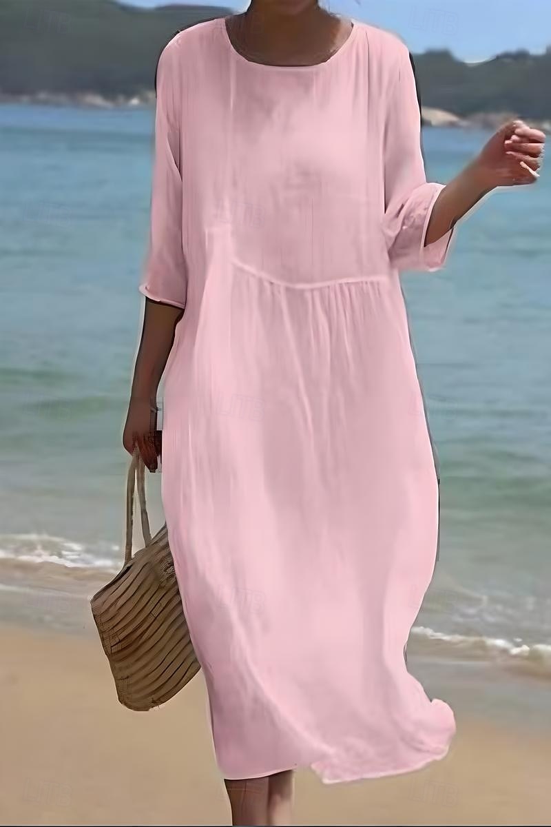 Women's Midi Dress Cotton Linen Dresses Casual Dress Fashion Basic Classic Daily Beach Weekend Regular Fit Plain Half Sleeve Crew Neck White Pink Light Blue Summer 2025 - $26.99 –P3