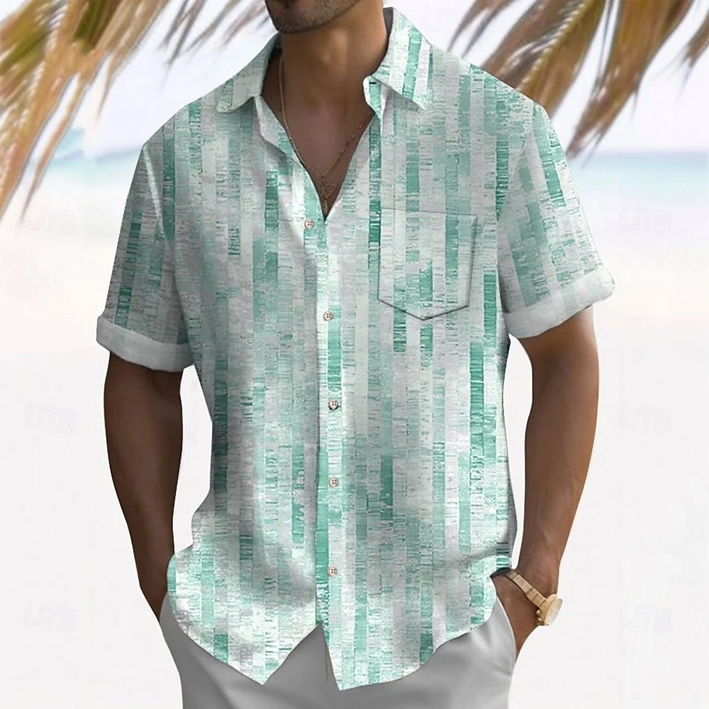 Pánské Geometrický Mřížka / Přehoz Košile Letní košile Košile na knoflíky Krátký rukáv Móda pro volný čas Dovolená Streetwear Léto Přehnutý 3D tisk Jedna přední kapsa Len jako košile Žlutá Trávov 2025 - $23.99 –P3