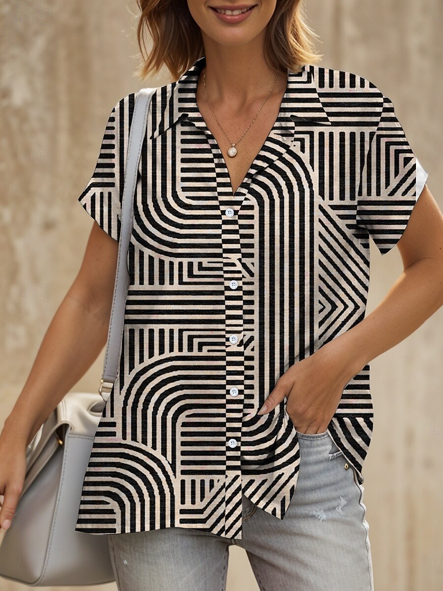 Women's Shirt Graphic Geometric Striped Vintage Tropical Daily Sleeveless Short Sleeve Cap Sleeve Shirt Collar Regular Tops Daily White Camel Summer Spring 2025 - $25.99 –P5