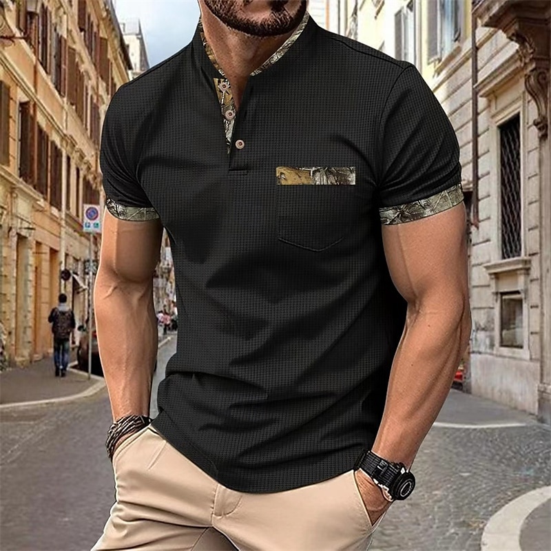 Herren Waffel-Poloshirts Golfshirt Arbeit Lässig Revers Kurzarm Basic Modern Farbblock Patchwork Knöpfe Sommer Frühling Normale Passform Schwarz Weiß Königliches Blau Khaki Grau Waffel-Poloshirts 2025 - $21.99 –P10