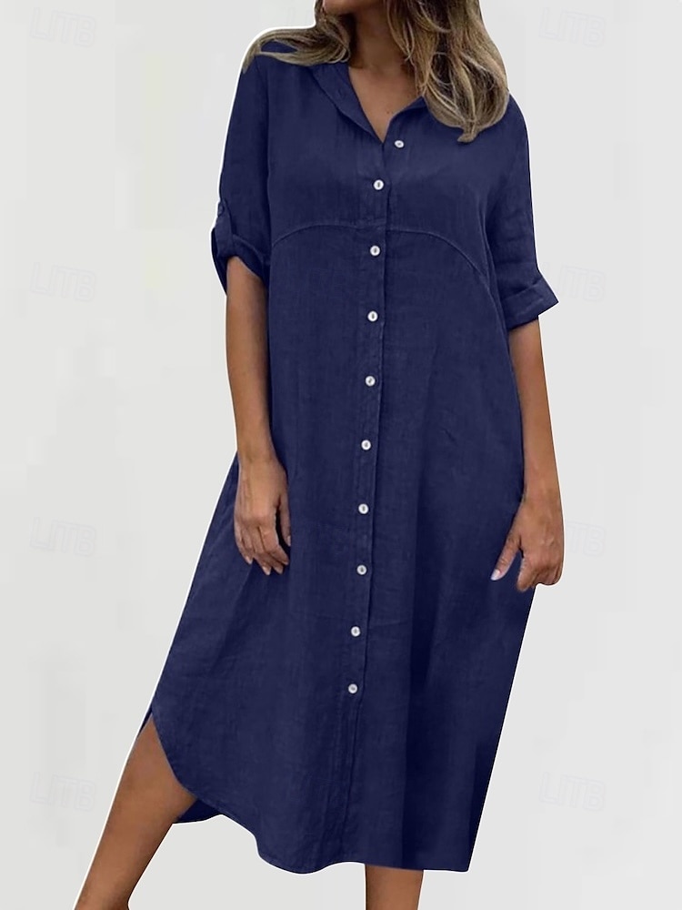Per donna Abito Midi Abiti ispirati al lino Abito Camicia Abito in cotone e lino Moda Classico Quotidiano Uscire Weekend Vestibilità regolare Semplice Manica Lunga Colletto a Camicia Nero Blu Verde del 2025 a $22.99 –P7