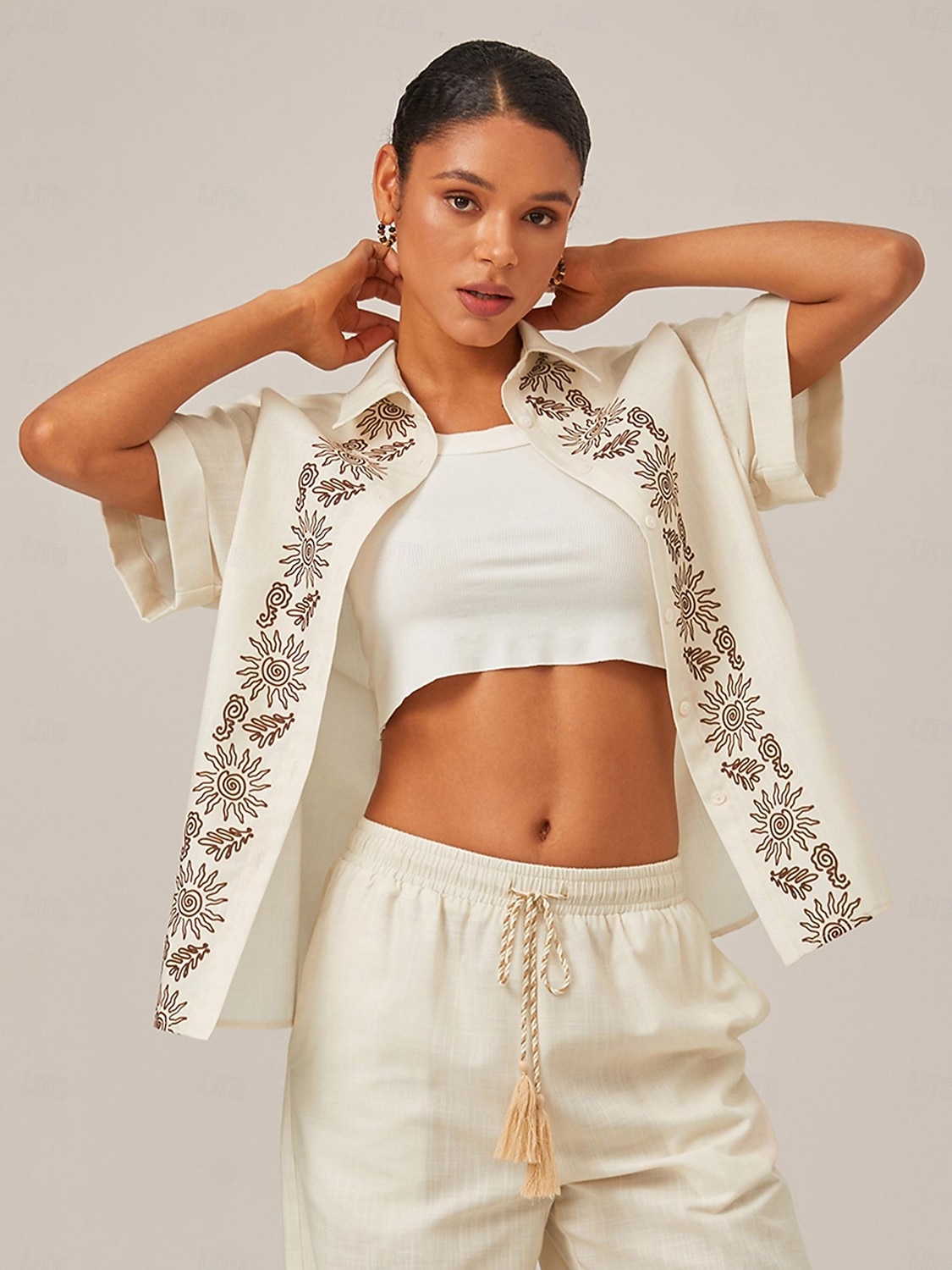 camicia in lino stampato con polsini arrotolati del 2025 a $13.99 –P6