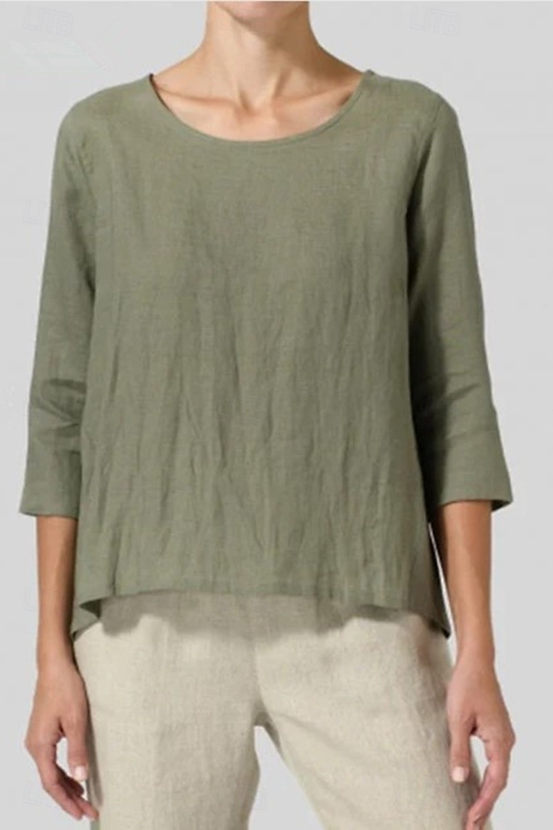 Femmes Chemisier Chemises en coton et lin Uni Basique Occasionnel Manche 3/4 Col ras du cou Hauts Réguliers Quotidien Fête Sortir Noir Blanche Rose Claire Vert Véronèse Gris Été de 2025 ? $22.99 –P6