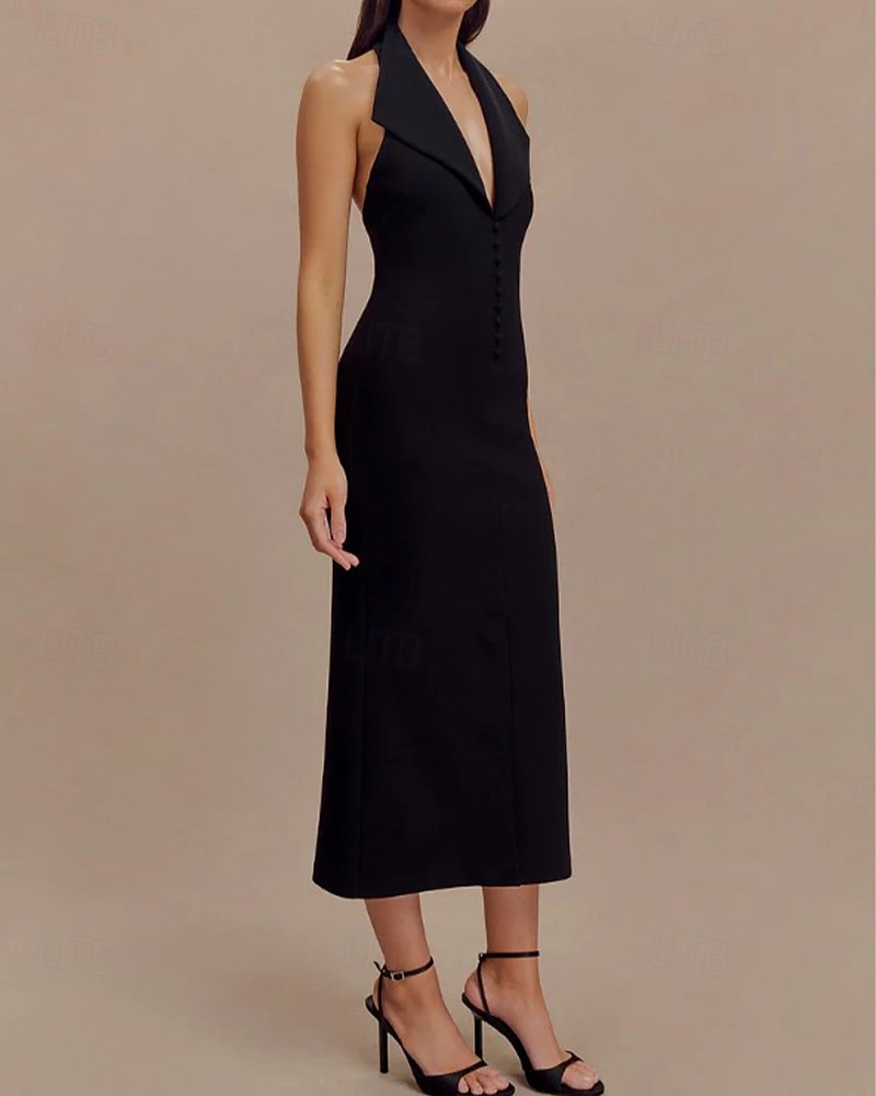 Tuxedo Šaty Přiléhavé  Sloupec Koktejlové Šaty Elegantní Poloneformální Svatební Čajová Délka Bez Rukávu V Krku Stretch Krepa 2025 - $129.99 –P3