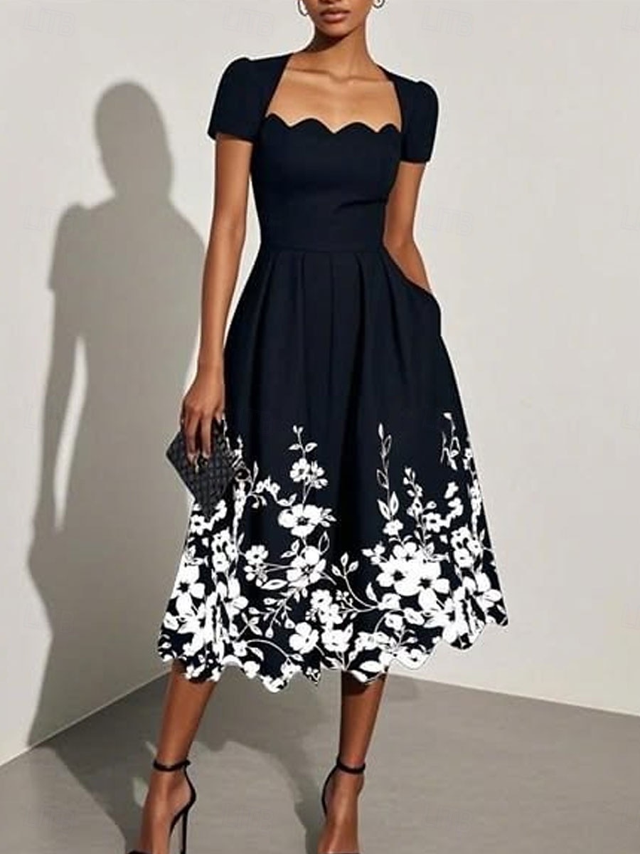 Women's Midi Dress A Line Dress Pleated Dress Work Dresses Vacation Casual Going out Regular Fit Floral Graphic Short Sleeve U Neck Black Summer 2025 - $31.99 –P1