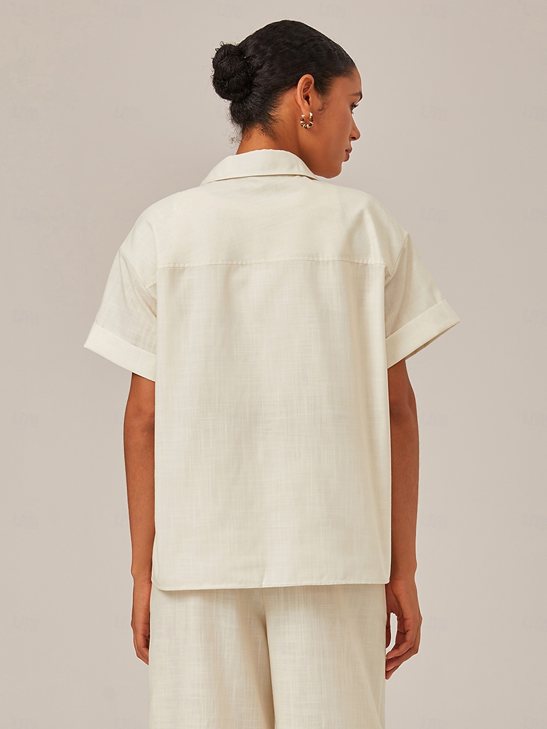 camicia in lino stampato con polsini arrotolati del 2025 a $13.99 –P4