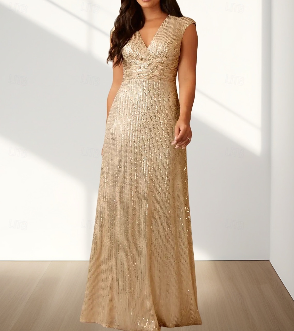 Robes de Mariée Invité Sirène  Trompette Robe Élégante Invité de Mariage Longueur de Sol Sans Manches Col en V Pailletée avec Paillettes de 2025 ? $169.99 –P1