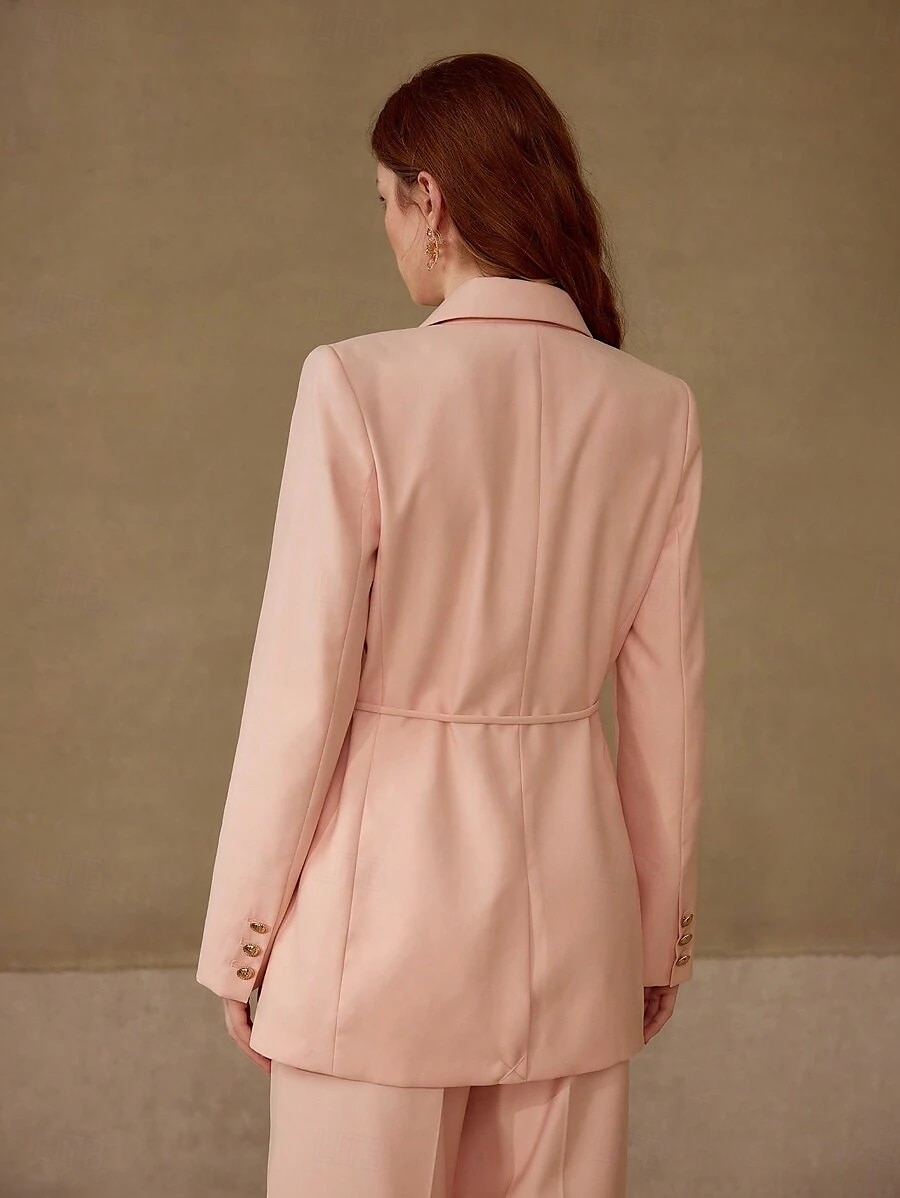 Blue Pantsuit Mother of the Bride Blazer Set Casual Simple Relaxed Fit Minimalist V Neck Floor Length Long Sleeve Wrap Included with Flower 2025 2025 - $139.99 –P5