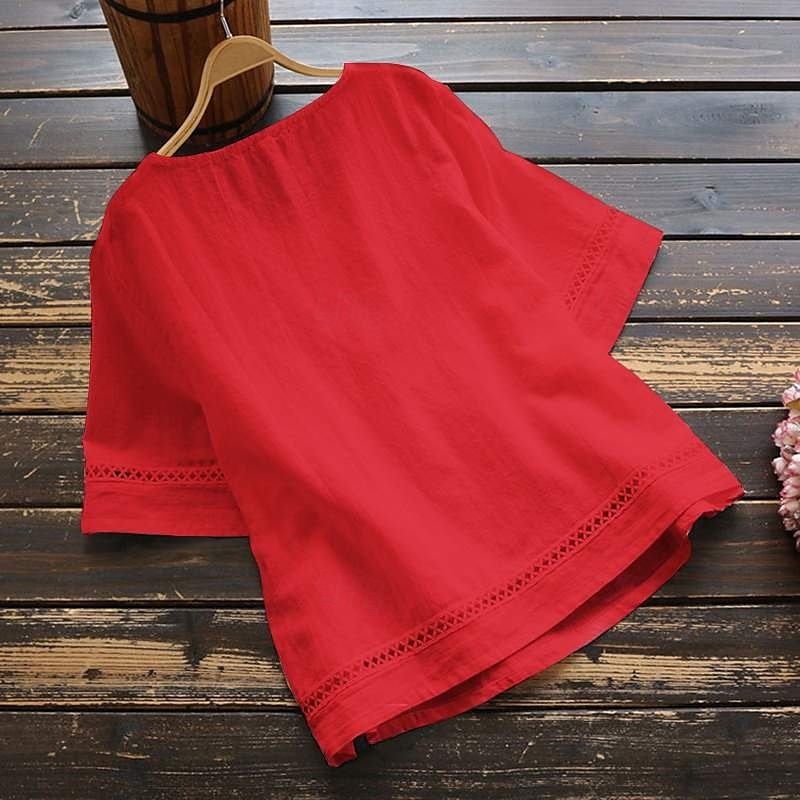Damenbluse Peplum Einfarbig Stilvoll Lässig 3/4 Länge Ärmel Rundhals Reguläre Tops Täglicher Patchwork Weiß Rot Blau Grün Sommer 2025 - $22.99 –P6