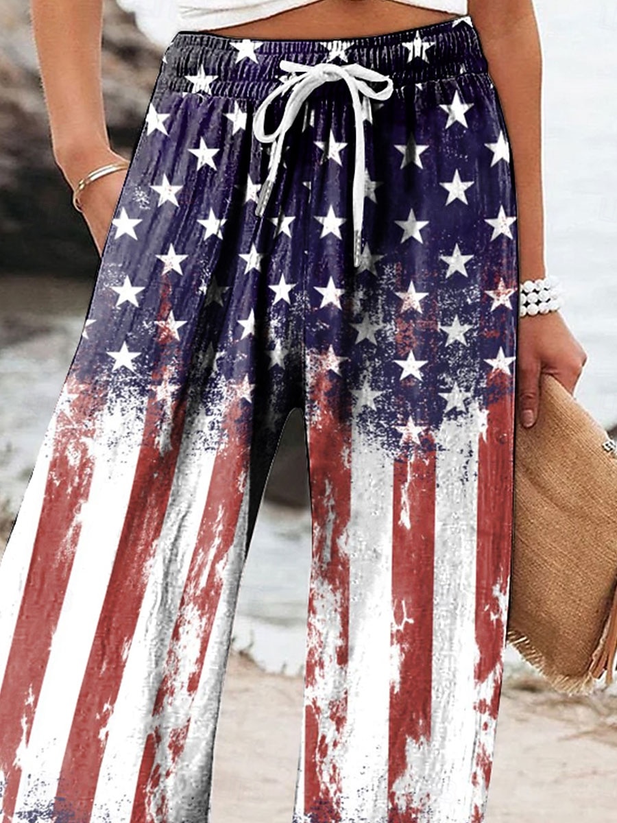 Independence Day Patriotic Women's Wide Leg Chinos Baggy Pants Beach Shorts Vacation Vintage Fashion Full Length High WaistPantsGraphic Flag Flag Printing Micro-elastic Casual Daily Vacation 2026 - $27.99 –P3
