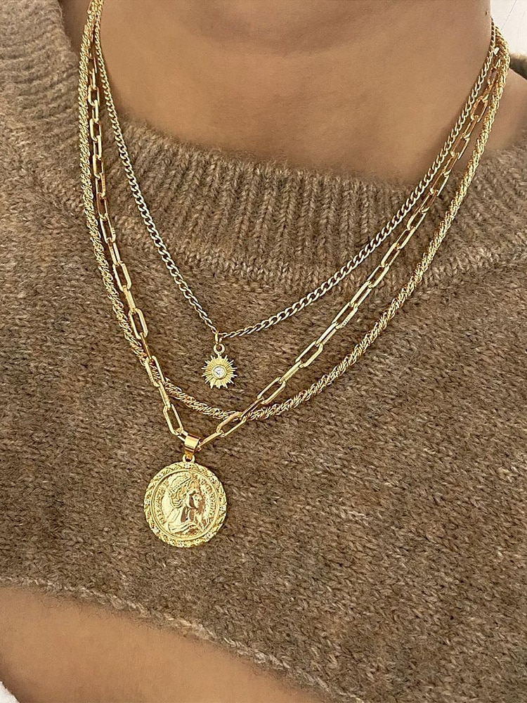 Gold and Silver Multi-Layered Pendant Necklace with Sun and Coin Charms, Trendy Bohemian Jewelry for Women, Perfect for Casual Wear and Summer Outings 2025 - $9.99 –P3