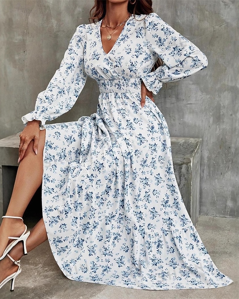 Manga Princesa Vestido Longo Floral Manga Longa Mulheres Vestido