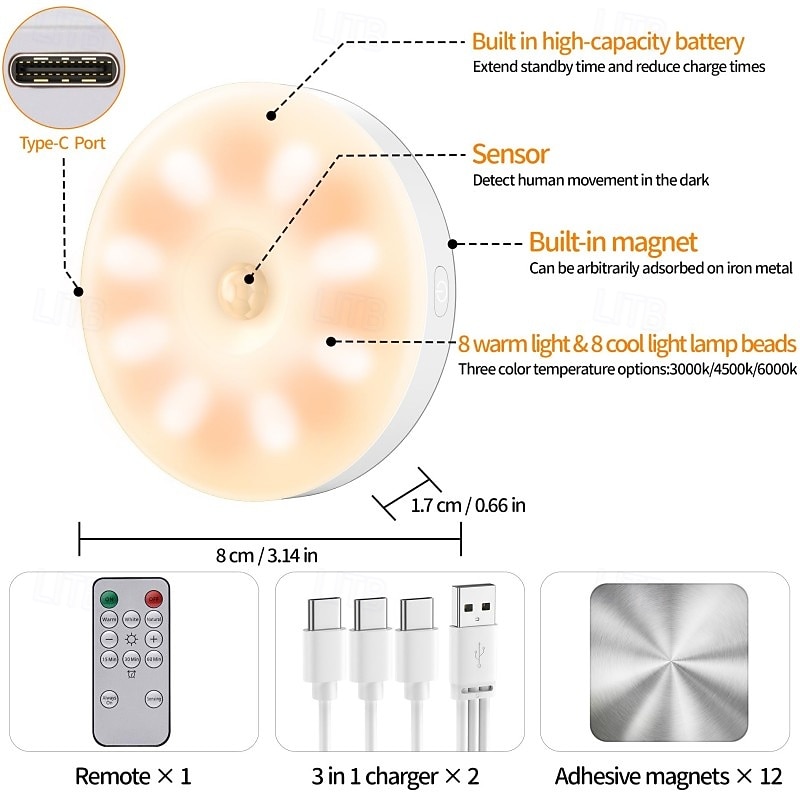 1 st. oplaadbaar inductie nachtlampje driekleurige dimfunctie magnetische afstandsbediening bedieningskast wijnkast garderobe verlichting type-c opladen 2026 - $8.99 –P13