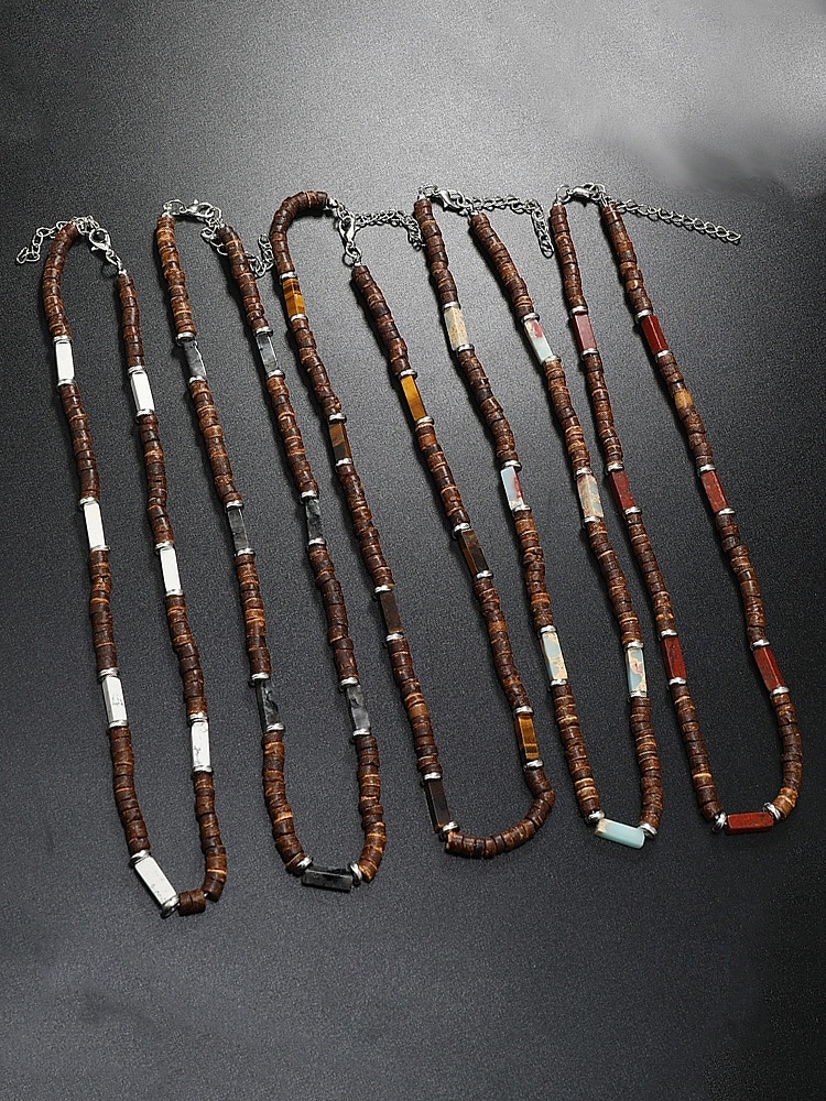 Collier de perles en bois naturel pour homme avec des accents turquoise, style surfeur bohème, bijoux réglables pour la plage, les festivals et les tenues décontractées de 2025 ? $9.99 –P5