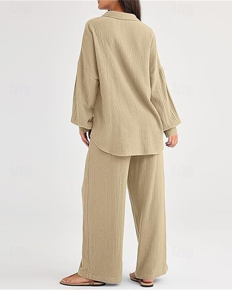 Dam Mode Streetwear Skjorta Tvådelade set Byxuppsättningar Långärmad Tröjkrage Ensfärgat Snörning Dagliga kläder Datum Svart Vin Armégrön Vår Normal 2025 - $38.99 –P3