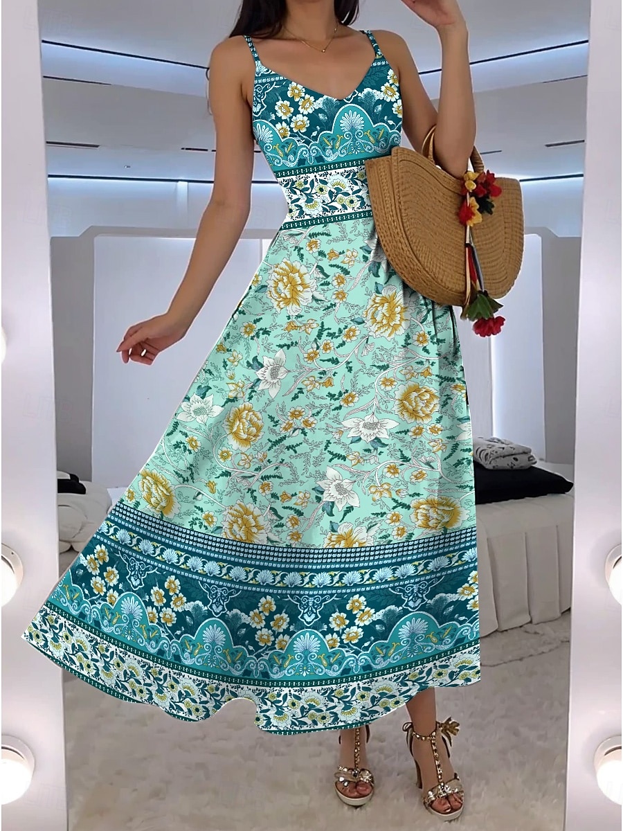 Damen Maxikleid A Linie Kleid Unterkleid Urlaub Lässig Boho Ausgehen Strand Standard Passform Blumen Grafik Ärmellos V Ausschnitt Rote Blau Grün Sommer Frühling 2025 - $28.99 –P1
