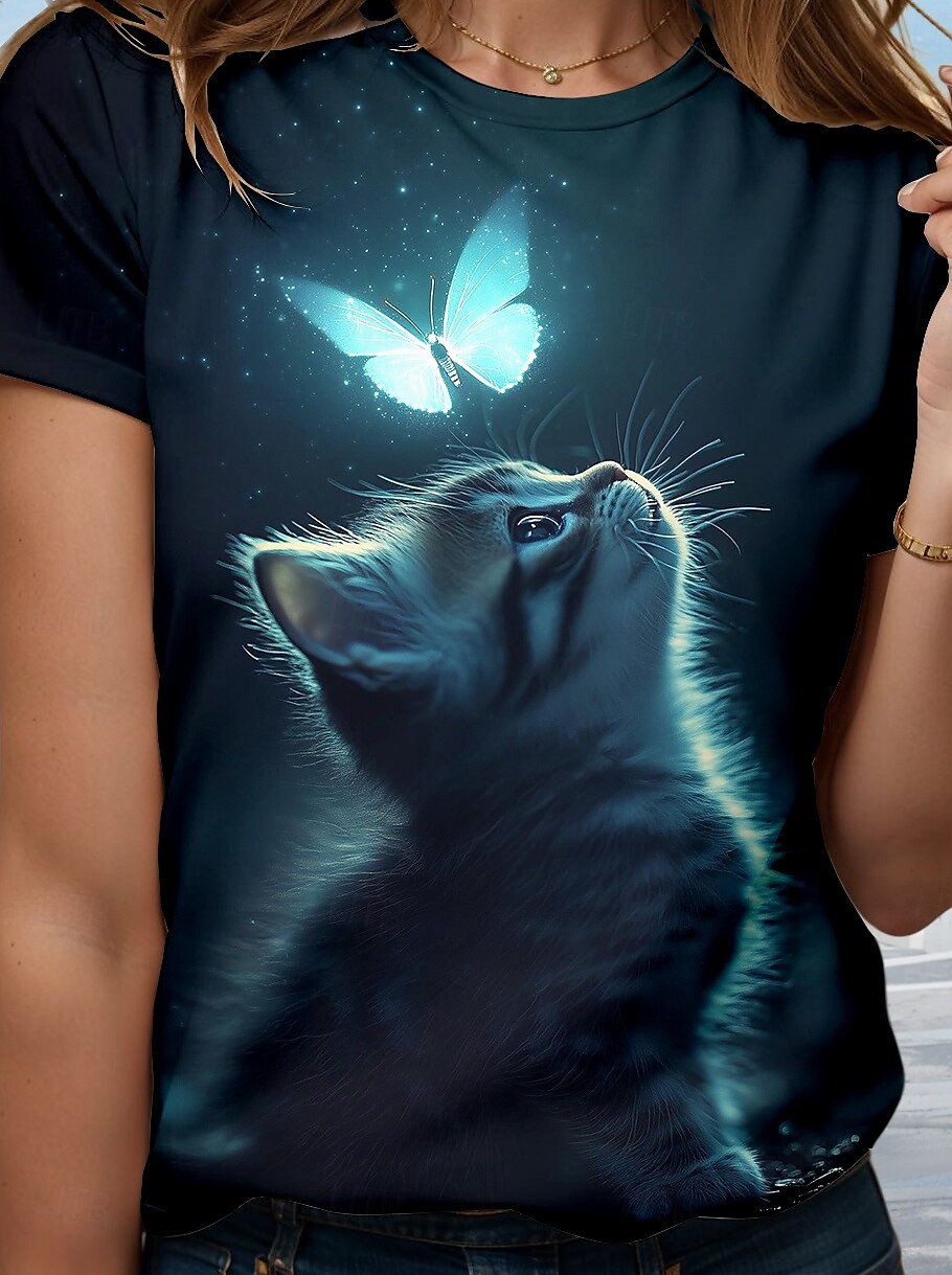 Women's T Shirt Graphic Animal Cat Stylish Classic Casual Short Sleeve Crew Neck Round Neck Regular Tops Daily Going out Weekend Print Navy Blue Summer Spring 2025 - $19.99 –P3