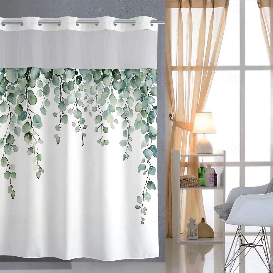 No Hook Shower Curtain 180cm*180cm(70"*70")with Snap-in Polyester Fabric Liner Sheer Top Window Waterproof Double Layer Bathtub Curtain Leaves Pattern 2025 - $41.99 –P2