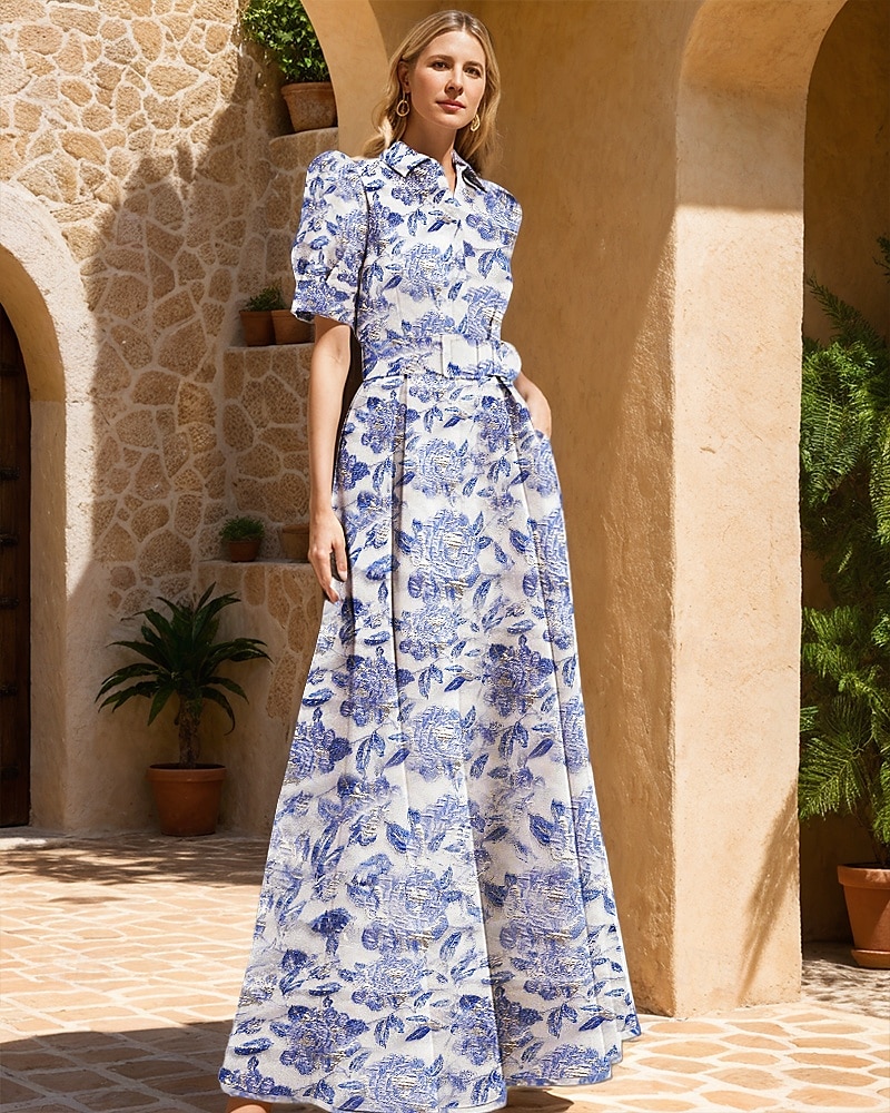 Vestido de Gala A-Line Brocado Vestido de Invitada de Boda Estilo Celebridad Longitud de Suelo Manga Corta Cuello de Camisa Cinturón  Cinta Poliéster con Estampado Floral 2025 - $154.99 –P1
