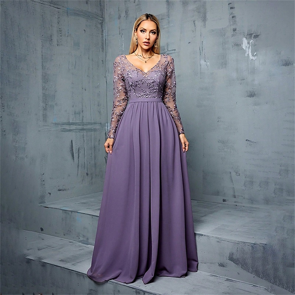 A-Lijn Quinceanera Jurken Elegante Jurk Bruiloft Bruiloft Gast Vloerlengte Lange Mouw V-hals Chiffon met Plissé 2025 - $99.99 –P4