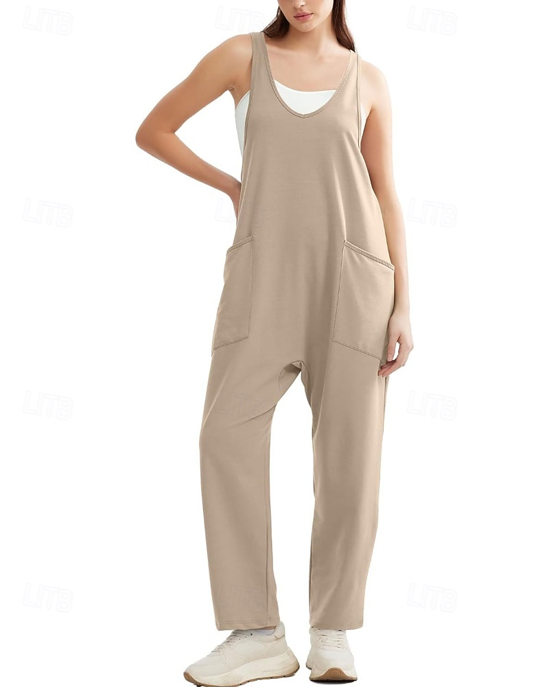 tuta salopette normale da donna streetwear tinta unita senza maniche scollo a V tasche per uscire fine settimana vestibilità regolare nero verde chiaro rosa estate del 2026 a $26.99 –P19