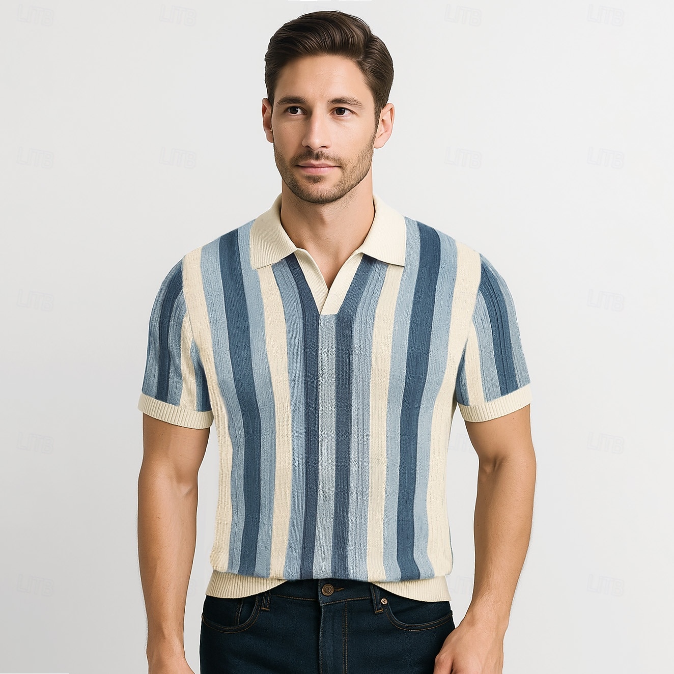 Herren Geschäft Lässig V Ausschnitt Klassisch Kurzarm Vintage Mode Farbblock Vertikale Streifen Patchwork Sommer Frühling Herbst Beige 2026 - $37.99 –P1