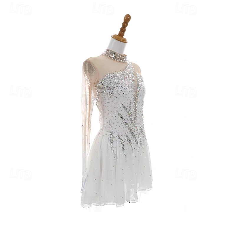 Figure Skating Dress Women's Girls' Ice Skating Dress White Patchwork Thumbhole Mesh Spandex Stretchy Training Practice Professional Skating Wear Thermal Warm Crystal / Rhinestone Long Sleeve Ice 2025 - $178.99 –P3
