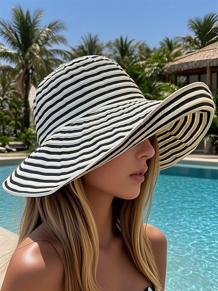 kvinners sammenleggbar solhatt med bred brem – svart og hvit stripet strandhatt, pakkebar uv-beskyttelse sommerhatt for reiser, ferie og utendørsaktiviteter 2025 - $14.99 –P3