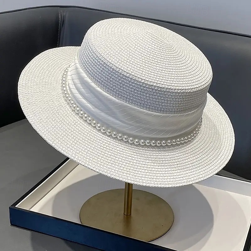 Elegant French Ladies Sun Hat  Natural Grass Weave Pearl Embellishment  Flat Top Design UV Protection Ideal for Beach and Outdoor Use Beach Hat 2025 - $48.99 –P2