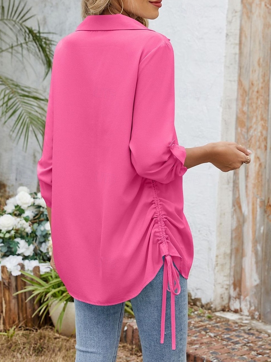 Dames Overhemd Blouse Effen Kleur Stijlvol Casual Lange mouw Overhemdkraag Normale tops Dagelijks Knop Zwart Wit Hemelsblauw Fuchsia Zomer Lente 2025 - $22.99 –P8