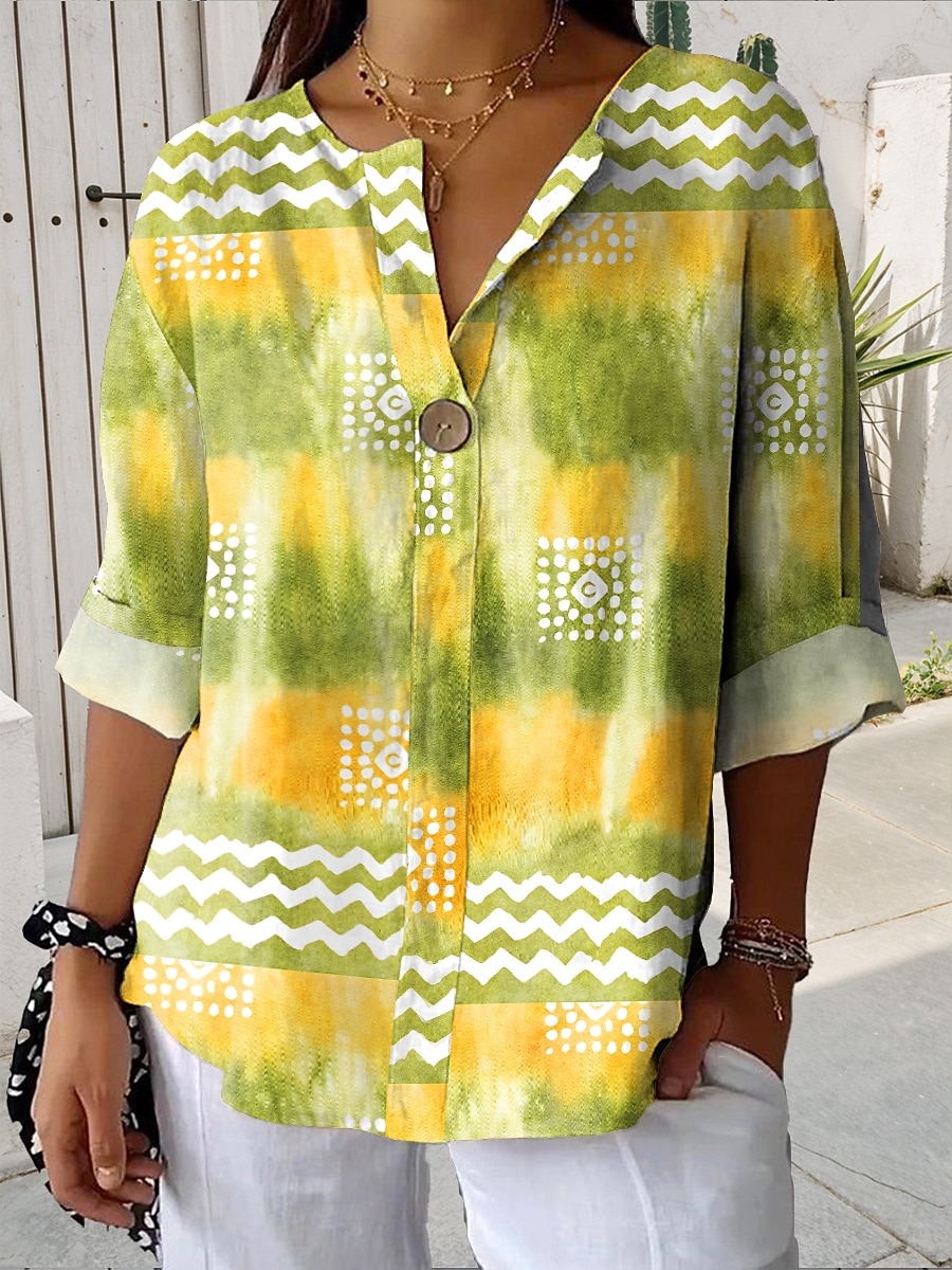 Dames Overhemd Grafisch Tie Dye Abstract Tropisch Dagelijks Lange mouw V-hals Normale tops Dagelijks Feestdagen Afdrukken Groen Zomer Lente 2025 - $29.99 –P1