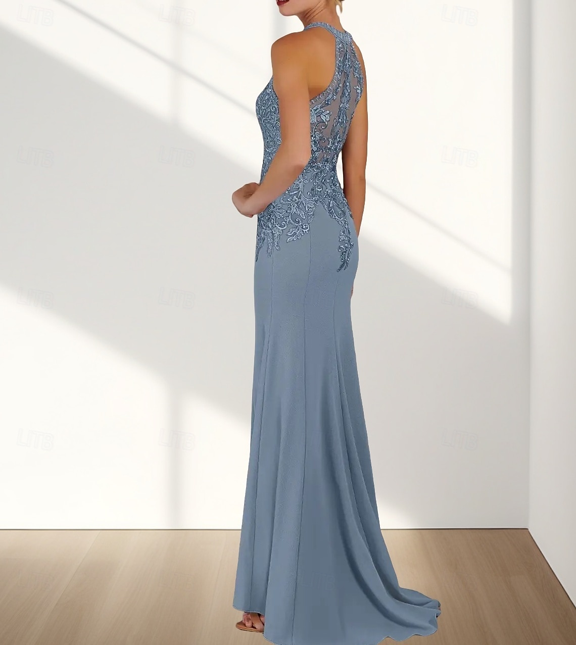 Sukienka dla druhny mermaid  trumpet dekolt zaokrąglony  dekolt halter bezrękawowa elegancka tren przesuwany  zamiatany szyfon z aplikacjami 2025 - $162.99 –P4