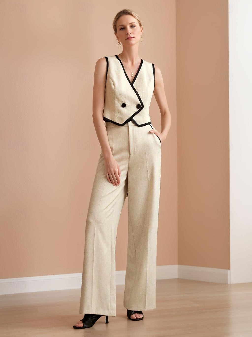 tailleur-pantalon deux pièces en mélange de lin et de coton, couleur contrastée, pour mère de la mariée, élégant, simple, minimaliste, col en V, longueur au sol, sans manches, avec boutons, 2025 de 2025 ? $139.99 –P1