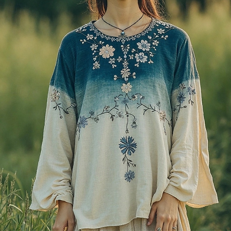 Women's Cotton Linen Shirts Boho Shirt Plain Flower Daily Stylish Basic Long Sleeve Crew Neck Regular Tops Work Daily Holiday Print Blue Purple Orange Light Blue Spring Fall 2025 - $29.99 –P4