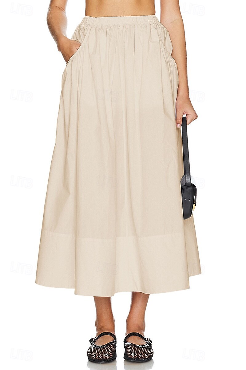 Femmes Jupe Évasé Mode Maxi Taille Basse Jupes Uni Avec Poches Micro-Élastique Vacances Rue Noir Blanche Champagne Beige Été Mélange Lin-Coton de 2025 ? $25.99 –P10