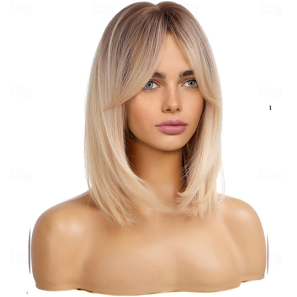 blonde pruiken voor vrouwen schouderlang gelaagd haar met donkere wortels synthetische korte pruik met pony voor dagelijks gebruik of cosplay 2025 - $25.99 –P4