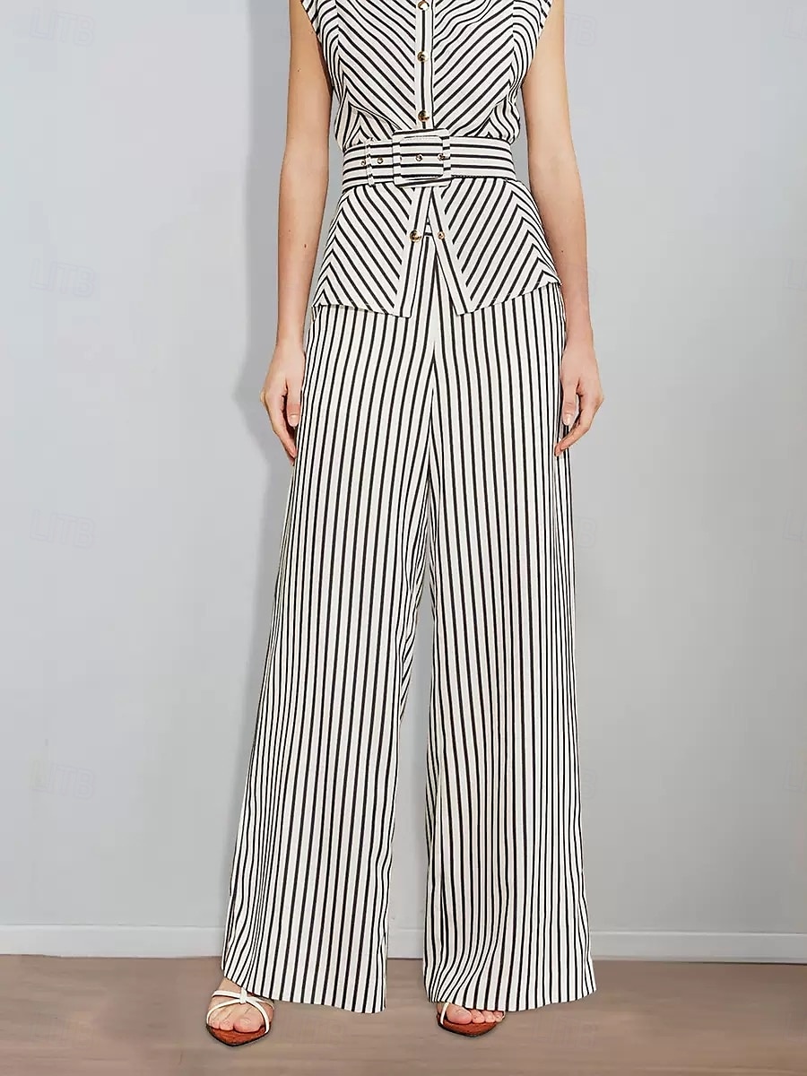 Striped Print Two Piece Pantsuit Mother of the Bride Pantsuit Classic Simple Minimalist Crew Neck Floor Length Metal Buttons Sleeveless with Sash / Ribbon 2025 - $179.99 –P3
