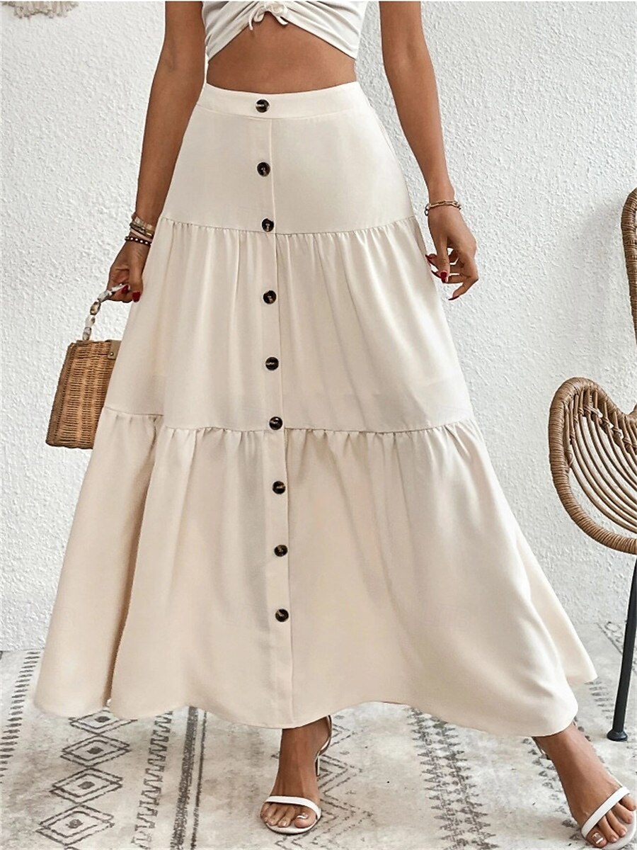Gonna da donna Maxi gonna A Line moda casual maxi gonna alta vita semplice micro-elastico strada quotidiana cammello albicocca nero marrone chiaro estate poliestere del 2025 a $34.99 –P1