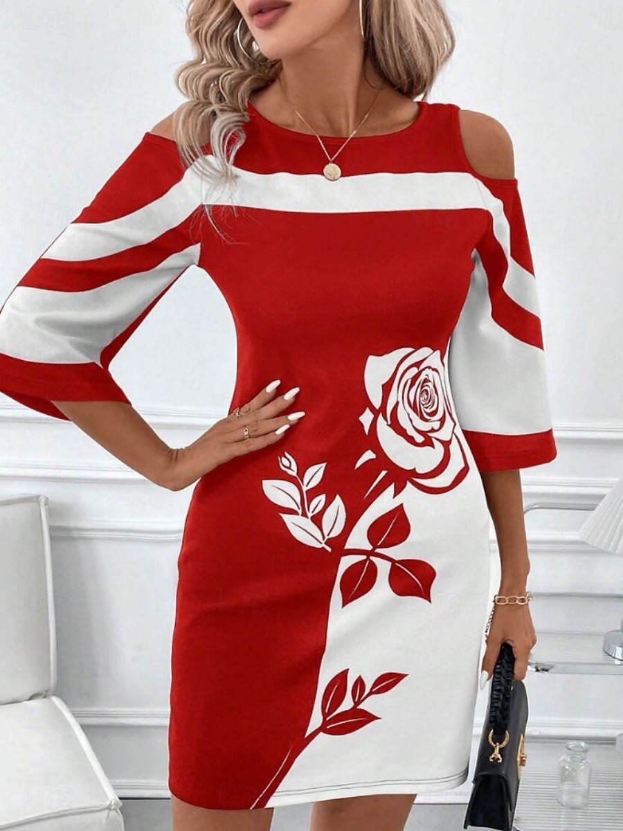 Femmes Mini Robe Robe Décontractée Moulant Robe d'été Mode Moderne Extérieur Quotidien Week-end Coupe régulière Fleuri Rayé Manche 3/4 Col ras du cou Noir Blanche Rouge Été de 2025 ? $16.49 –P4