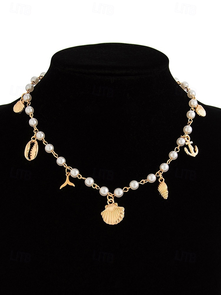 Women's Pearl Beaded Necklace with Gold Sea Charms – Nautical Beach Jewelry for Summer Vacation and Resort Wear 2025 - $9.99 –P4