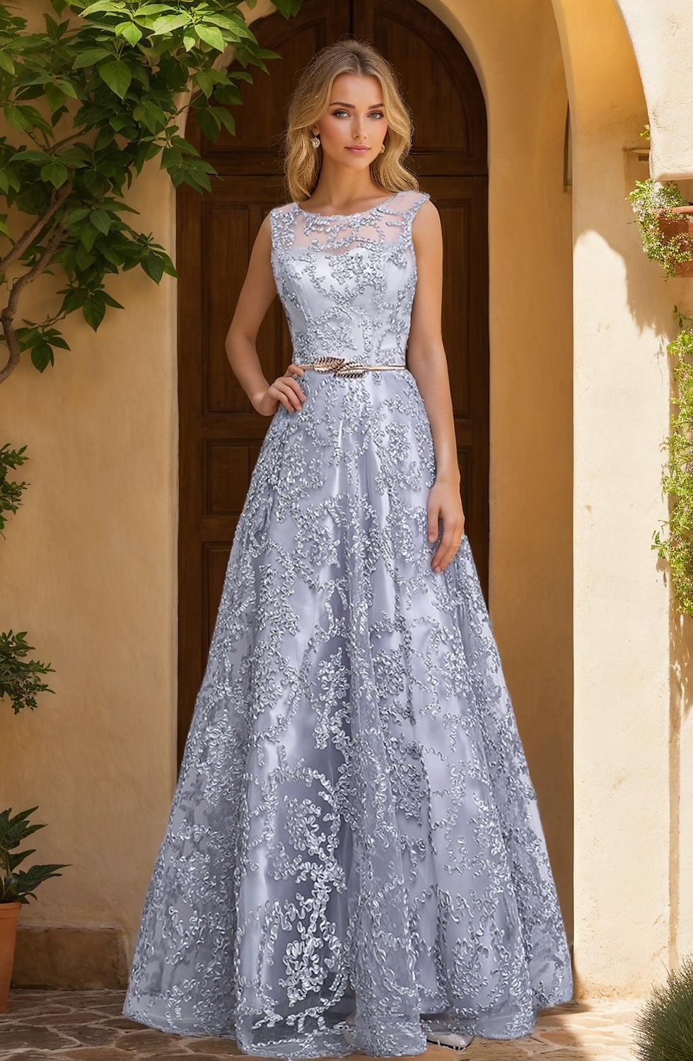 Jacquard A-Line Prom Dresses Elegant Dress Wedding Guest Holiday Floor  Length Sleeveless Crew Neck Tulle with Metal Belt 2026 - 89.99