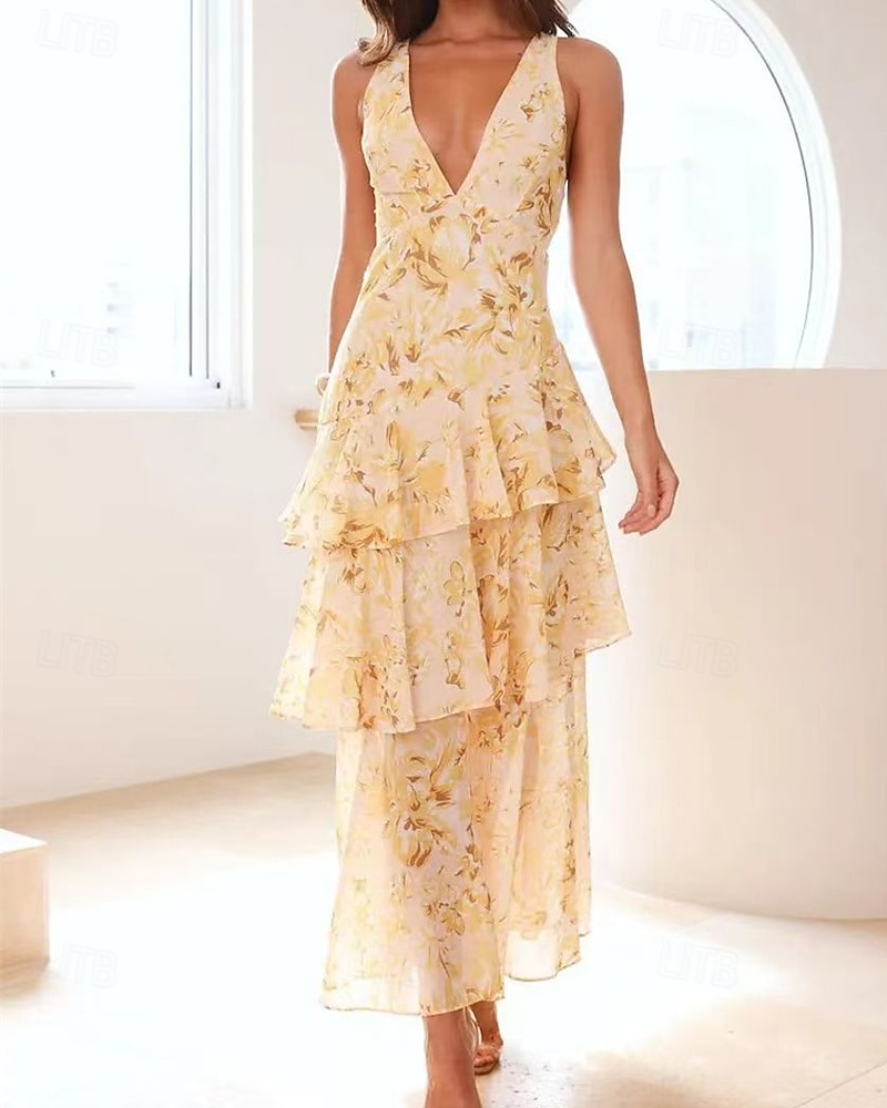 Damskie Długa sukienka sukienka maxi Sukienka Boho Codzienne sukienki Sukienki szyfonowe Letnie sukienki Moda Na zewnątrz Impreza Święto Regularny Kwiaty Bez rękawów Głęboki dekolt w serek Żółty 2026 - $31.99 –P7