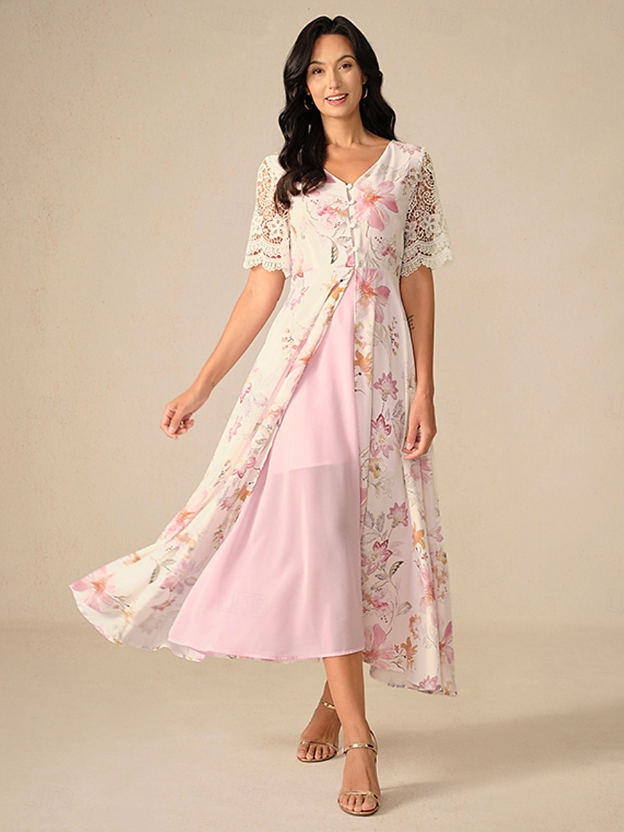 Femme Robe Maxi Robe Trapèze Elégant mode Vacances du quotidien Standard Floral Manche Courte Col V Rose Claire Eté de 2025 ? $69.99 –P4