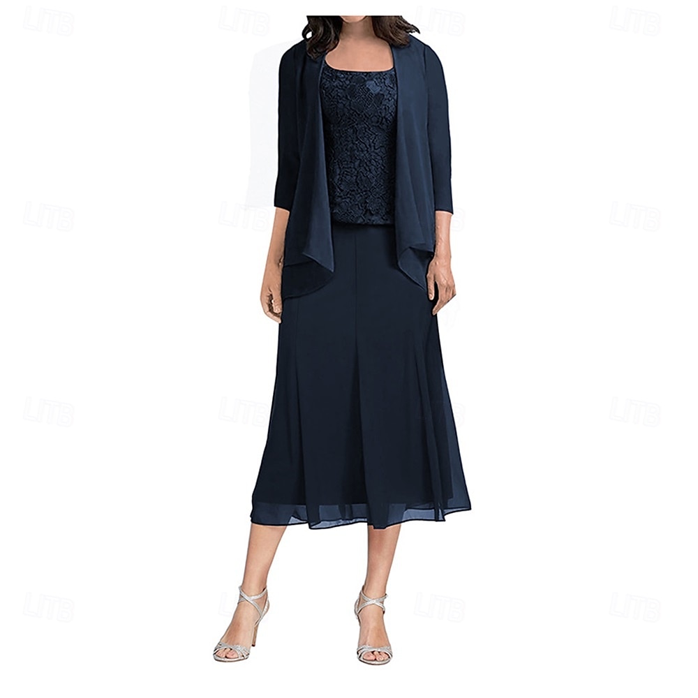 Ensembles de Robes Robe de Mère de Mariée  Élégant Simple Col carré Longueur thé Polyester Manche 3/4 avec Couleur Unie 2025 de 2025 ? $129.99 –P10