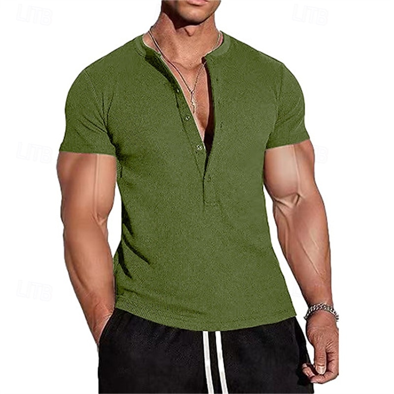 Herren T Shirt Henley Hemd T-Shirt Kurzarmshirt Kurzarm Henley Sommer Frühling Einfach Mode Designer Basic Knöpfe Urlaub Straße Ausgehen Schwarz Blau Grün Top T-Shirt für Herren 2025 - $24.99 –P9