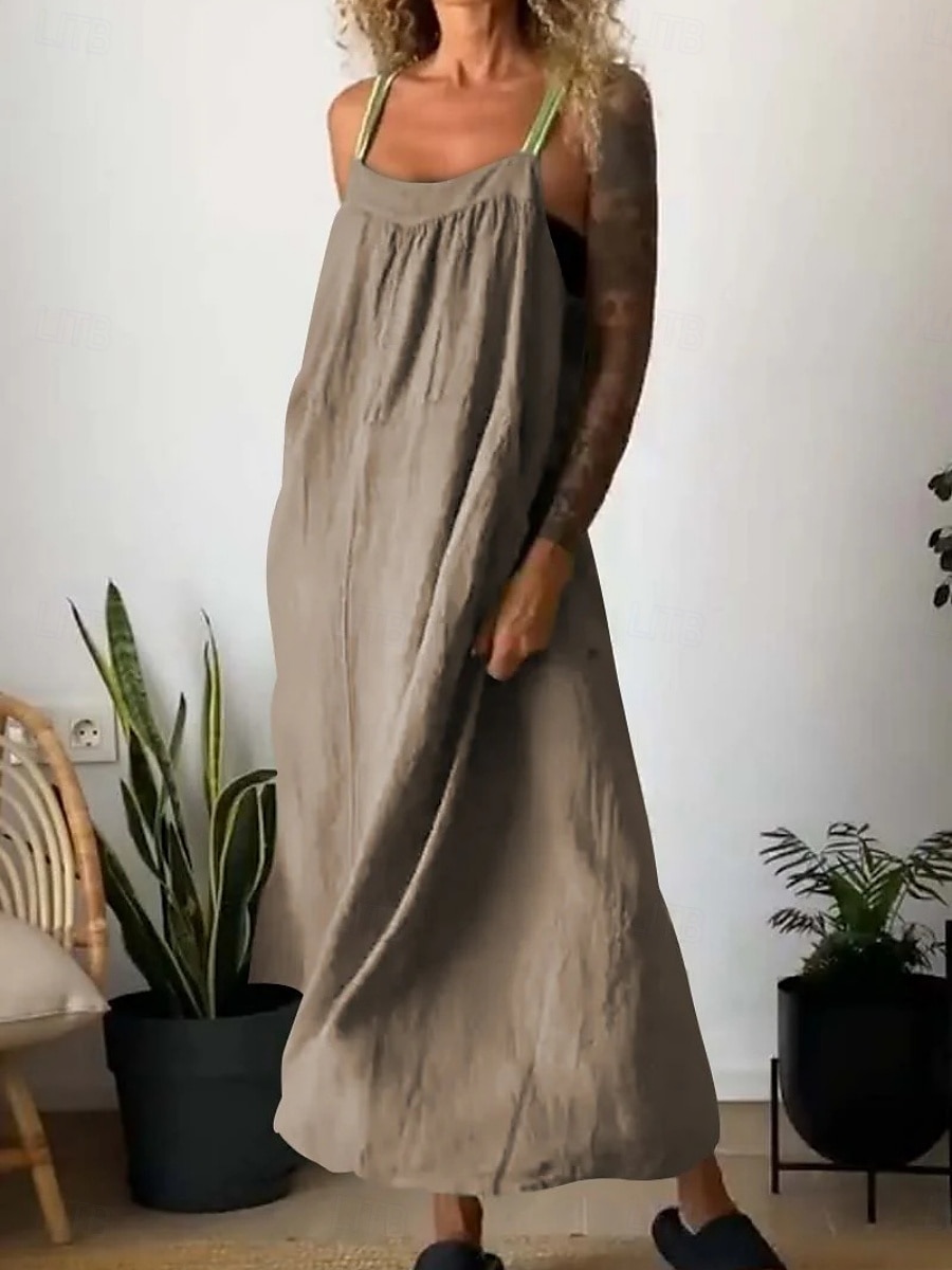 Maxi abito da donna abito estivo abito a sottoveste casual quotidiano vestibilità regolare grafico in lino simile senza maniche spalline nere bianche blu khaki estate del 2025 a $32.99 –P5