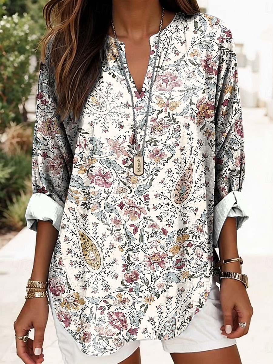 Dame Bluse Grafisk Geometrisk Elegant Daglig Langermet V-hals Vanlige topper Daglig Trykt mønster Svart Gul Rød Blå Gull Sommer Vår 2025 - $24.99 –P8